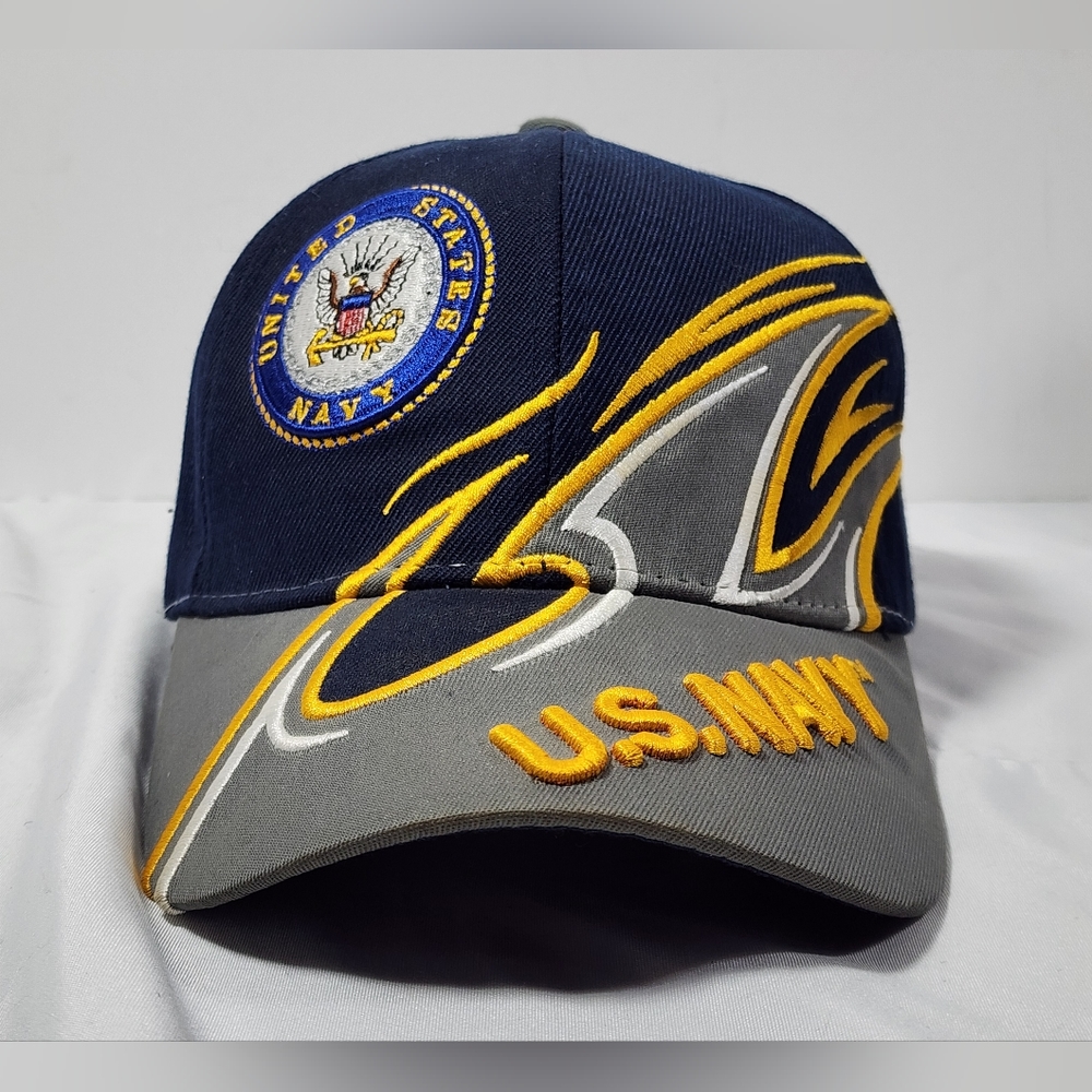 United States Navy Double Logo Adult Hat Cap Adjustable Hook & Loop Blue Yellow
